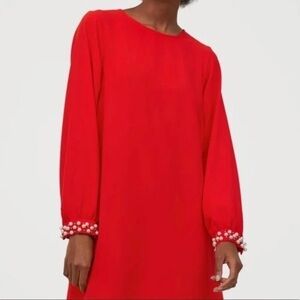 H&M Red Long-Sleeve Pearl Accents On The Cuffs Size 4